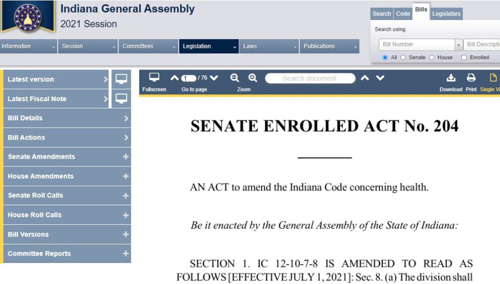Computer screenshot of 2021 Senate  Enrolled Act 204, which  authorized the creation of health care advance directives